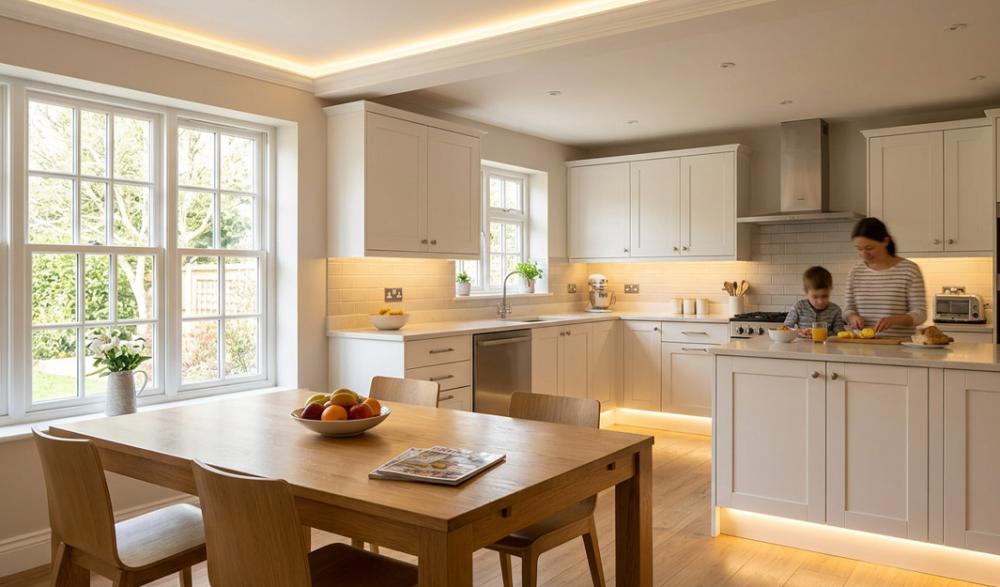 AI generated image of a modern kitchen lit with LED strips