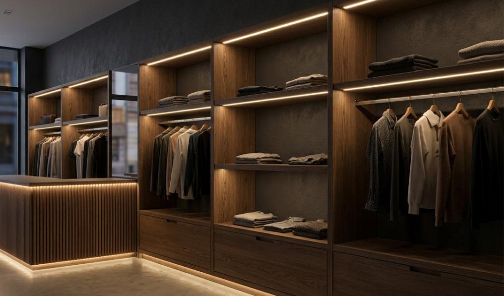 AI generated image showing a retail shop with white LED lights over clothing