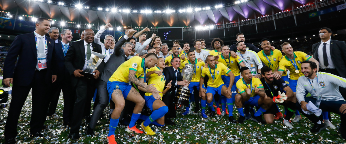 Brazil team celebrating winning the Copa America Trophy 2019