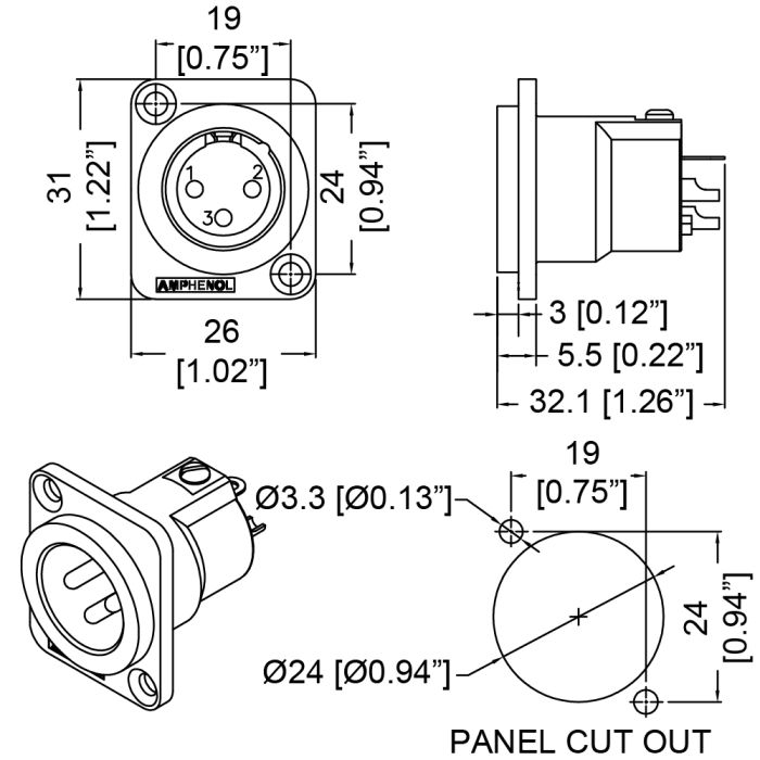 XLR 3 Pin Male Chassis Stamped Contacts Black Finish XLR 3 Pin Male Chassis Stamped Contacts Black Finish
