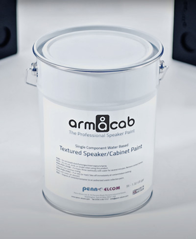 white full can of black Armacab speaker cabinet paint