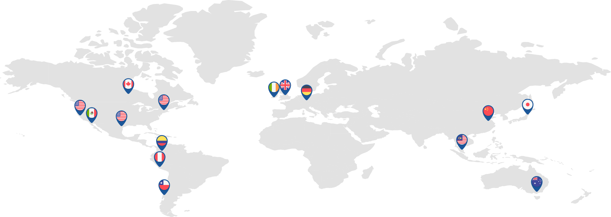 Diagrama del mapa mundial que muestra las ubicaciones de los depósitos de Penn Elcom en todo el mundo