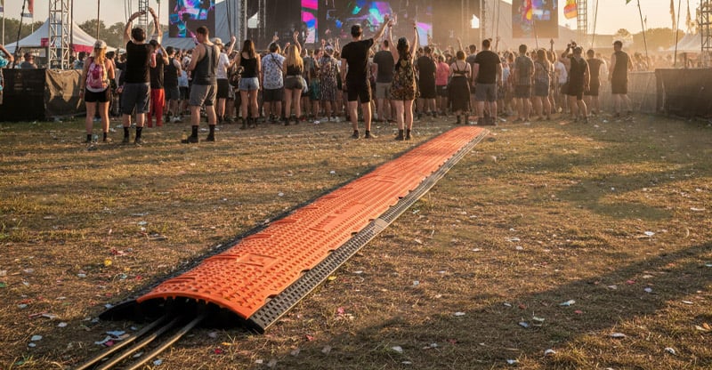 Orange cross 3 cable protector on grass at a festival in front of a crowd watching the stage
