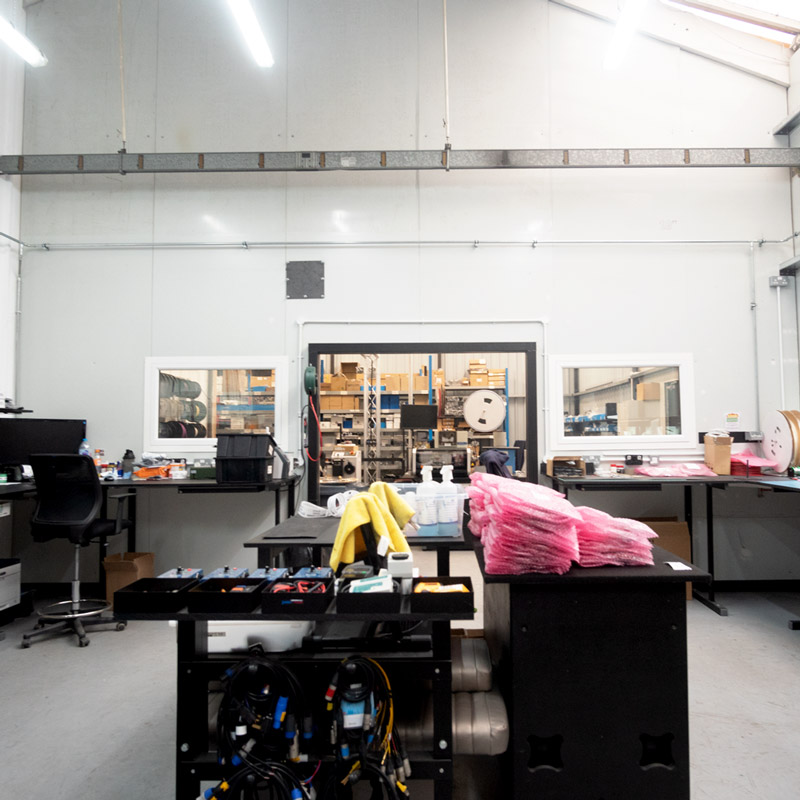 Penn Elcom Hastings wiring department showing cable reels and machinery