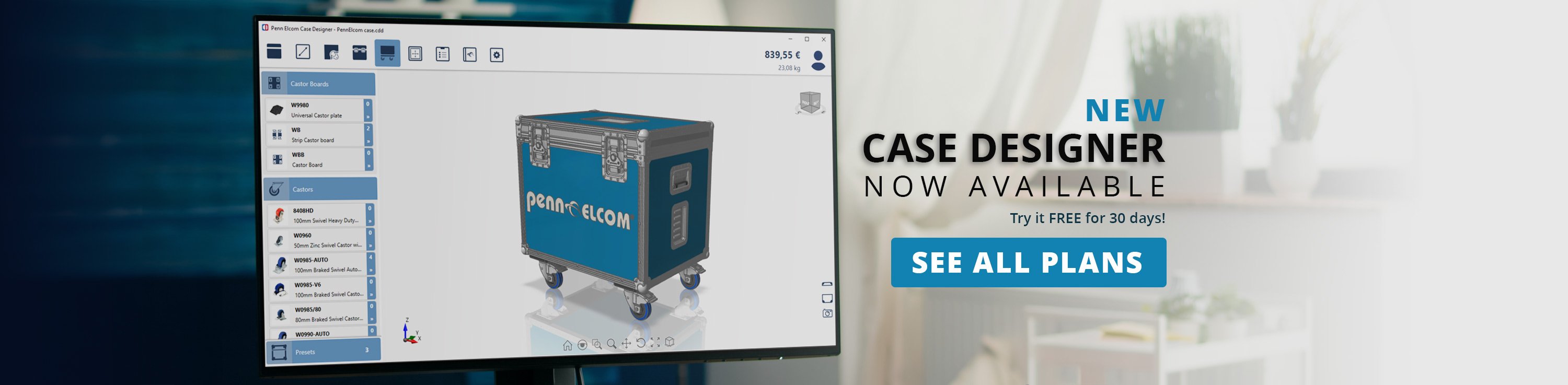 New case designer now available with computer screen showing blue flight case being designed in the software