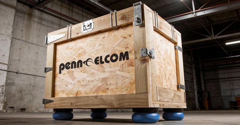Wooden crate in warehouse with Penn Elcom logo stamped on the front and blue pallet cushions