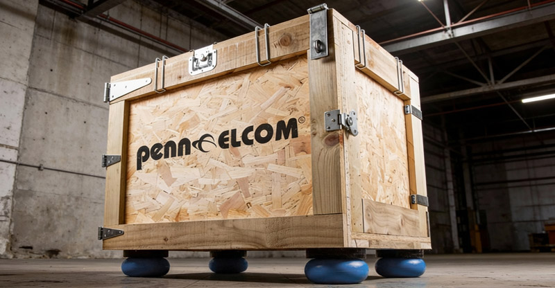 Caisse en bois dans un entrep&ocirc;t, portant le logo Penn Elcom estampill&eacute; sur le devant et prot&eacute;g&eacute;e par des coussins de palette bleus.