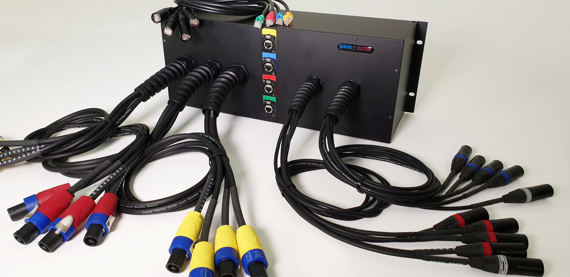 custom project box with multicoloured connectors, leads and connection points by Penn Elcom
