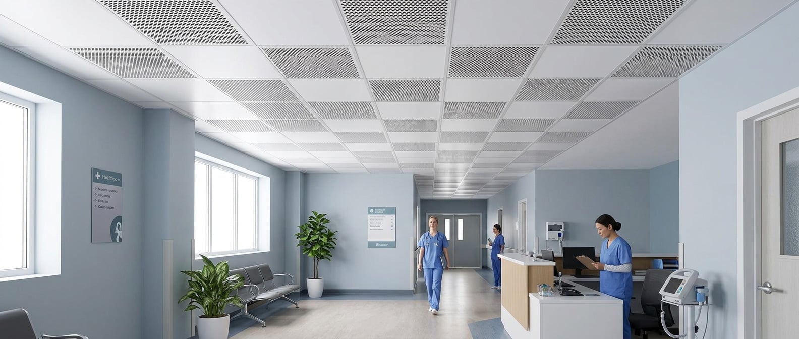 Hospital Lobby with white ceiling tiles and people walking through corridor