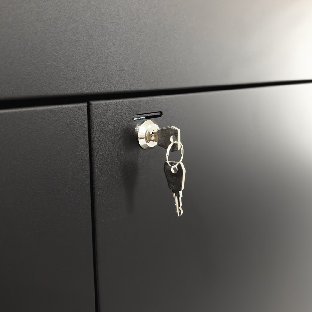 close up on one of the 2 secure door locks on the PBXL with key