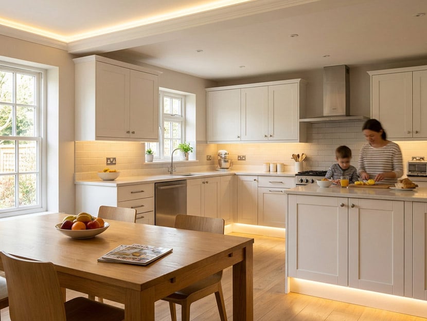 Modern kitchen with subtle LED lighting strips generated using AI