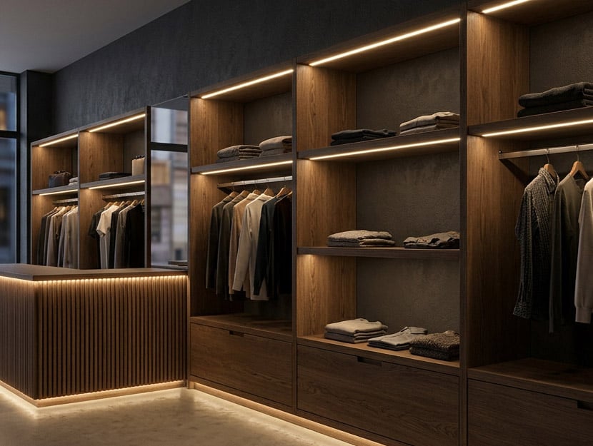 Retail space with clothing hanging on rails and LED lighting strips generated using AI