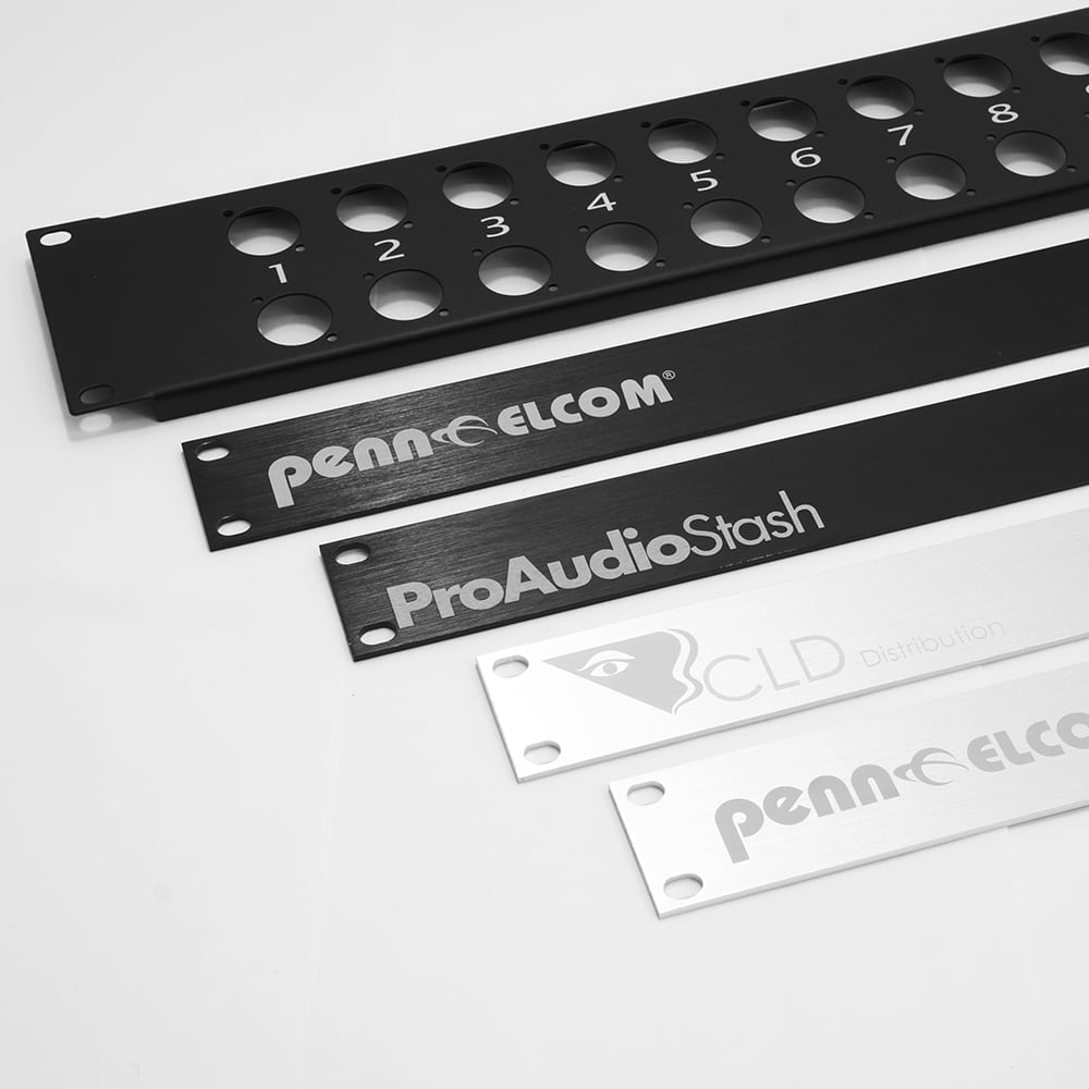 Black and White Laser Etched Rack Panels with a variety of different logos