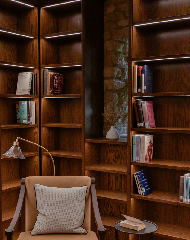 Brown shelves in Library with arm chair and books showing LED downlighting