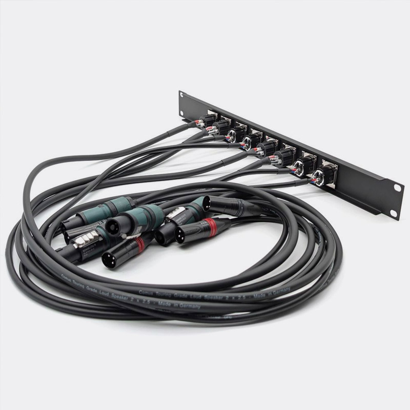 rear view of preloaded rack panel with cables and connectors on grey background