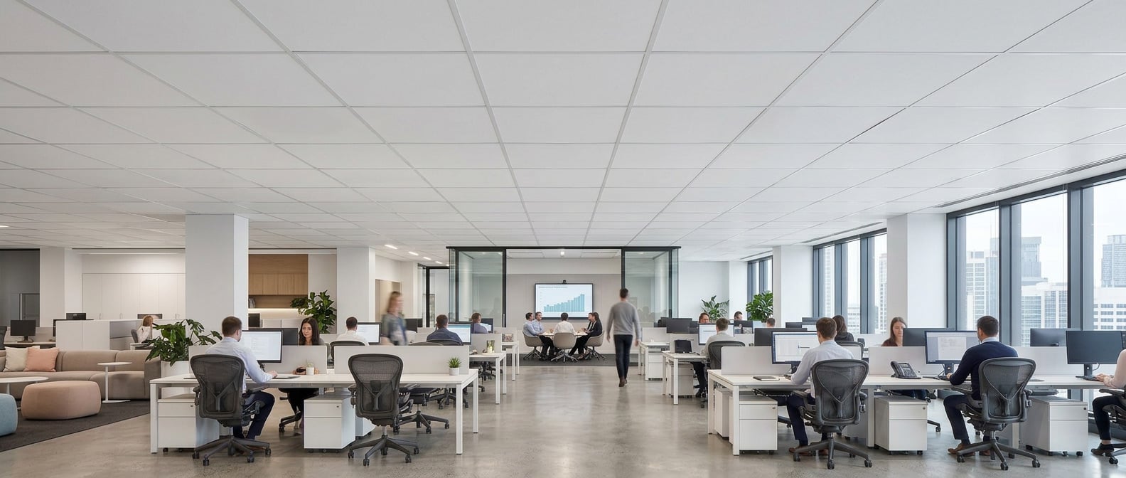 large open plan office with people sat at desk and white smooth ceiling tiles installed