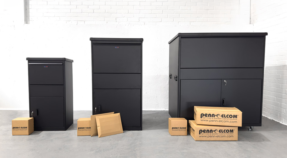 Penn Elcom Parcel Box range in black with boxes and packages showing the size difference