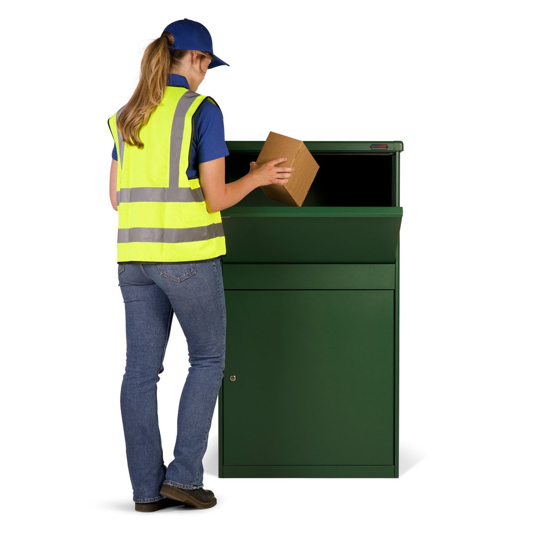 Delivery woman putting a parcel into our PBX2 Green Parcel Box