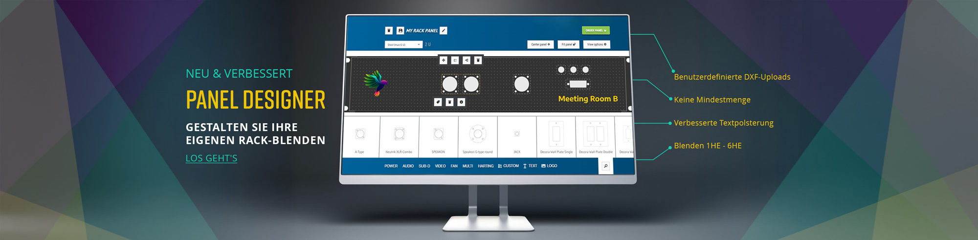 Panel Designer-Banner mit Computerbildschirm und gelbem Text zur Kennzeichnung der wichtigsten Funktionen.