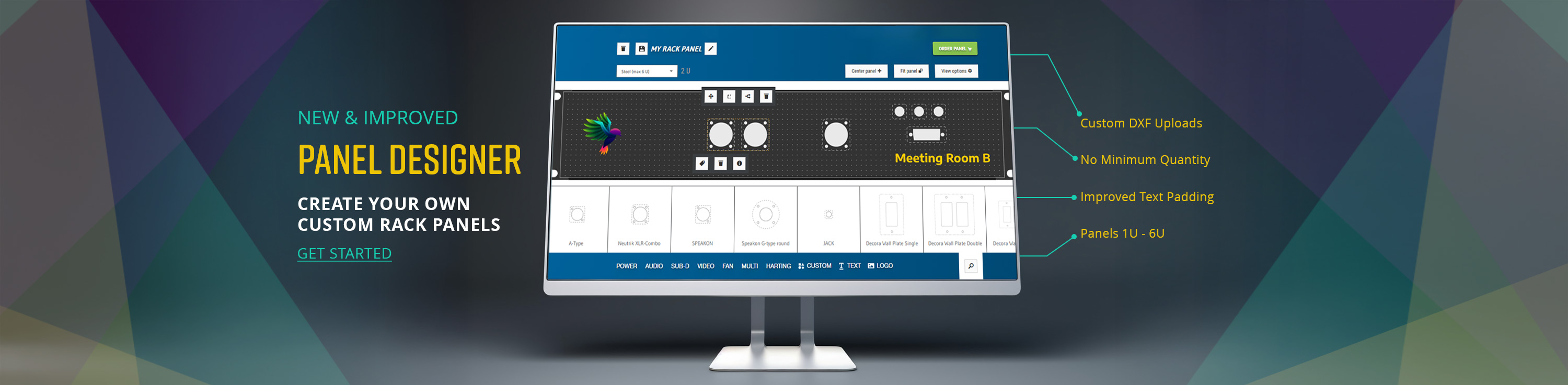 Panel Designer banner with computer screen and text showing key features in yellow 