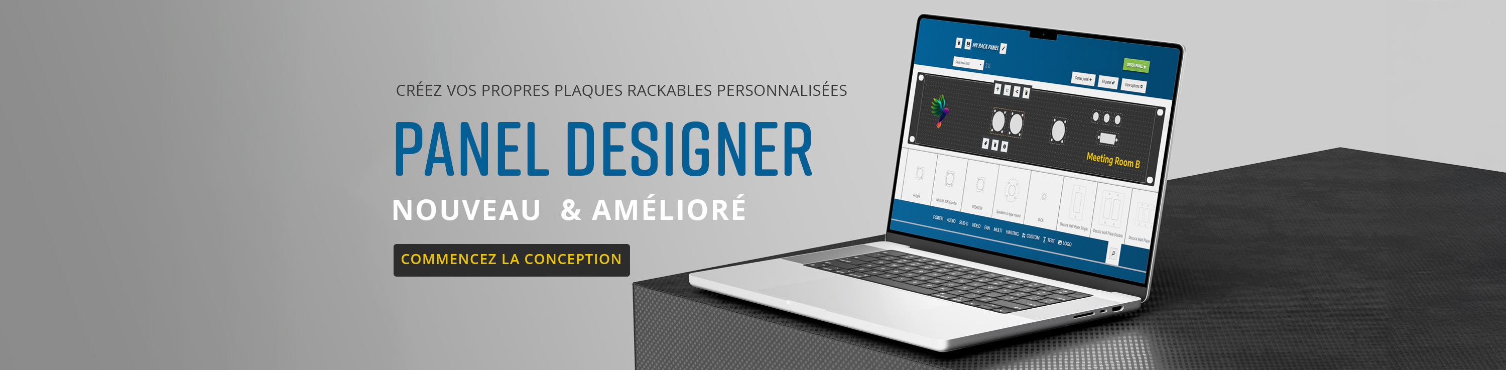 L'interface de conception de panneaux sur &eacute;cran d'ordinateur affiche un mod&egrave;le de panneau personnalis&eacute; avec une messagerie nouvelle et am&eacute;lior&eacute;e et un bouton pour commencer la conception.