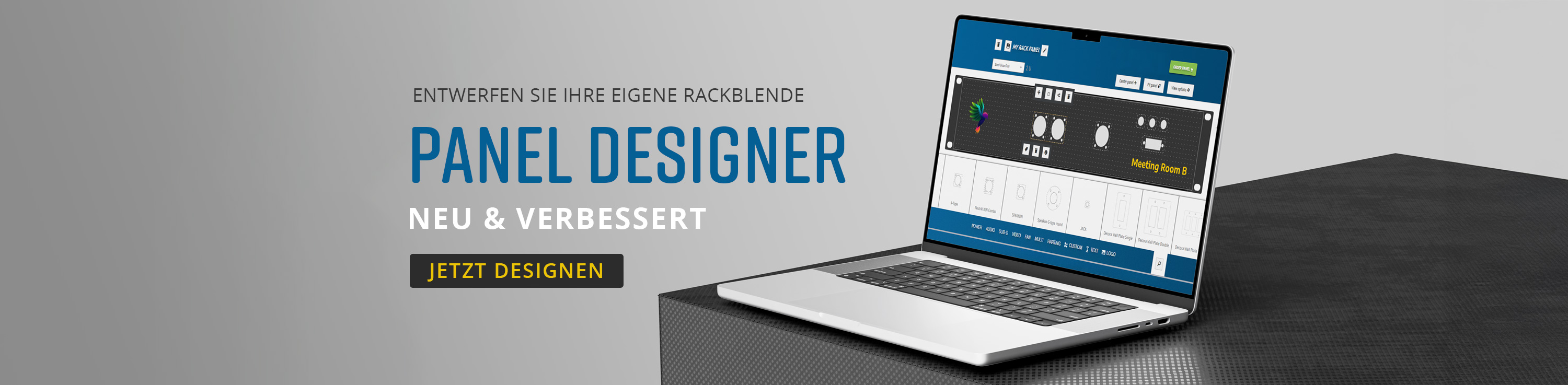 Panel-Designer auf dem Computerbildschirm, der ein benutzerdefiniertes Panel-Design mit neuen und verbesserten Meldungen und einer Schaltfl&auml;che zum Starten des Designs anzeigt.