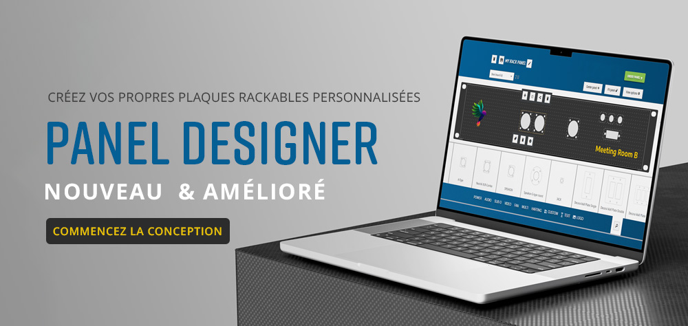 L'interface de conception de panneaux sur &eacute;cran d'ordinateur affiche un mod&egrave;le de panneau personnalis&eacute; avec une messagerie nouvelle et am&eacute;lior&eacute;e et un bouton pour commencer la conception.
