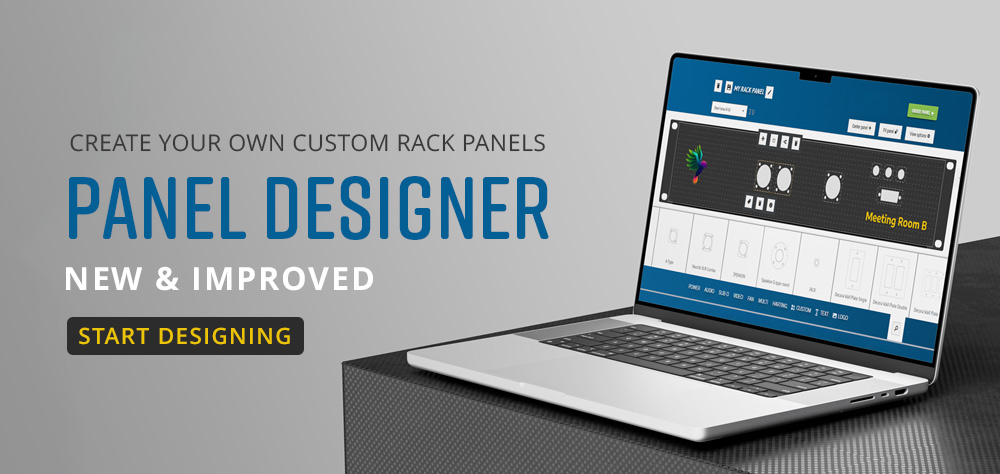 Panel designer on computer screen showing custom panel design with New and Improved messaging and button to start designing