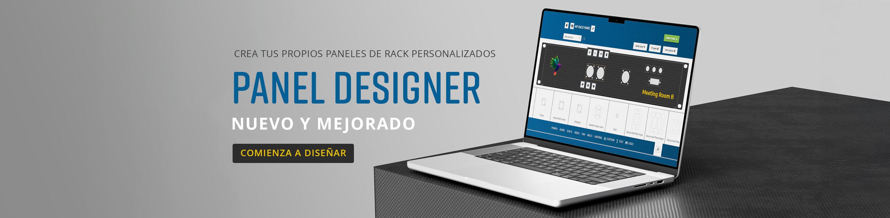 Dise&ntilde;ador de paneles en la pantalla de la computadora que muestra un dise&ntilde;o de panel personalizado con mensajes nuevos y mejorados y un bot&oacute;n para comenzar a dise&ntilde;ar