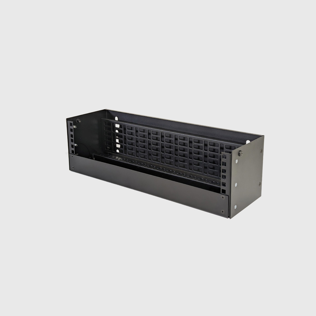 R2560 2U drop down black wall rack on grey background