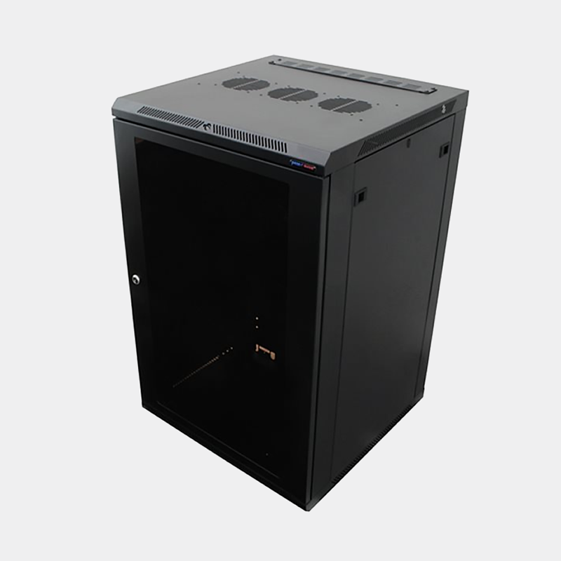 black 19 inch rack cabinet at an angle with poly door and 3 top fan vents on grey background