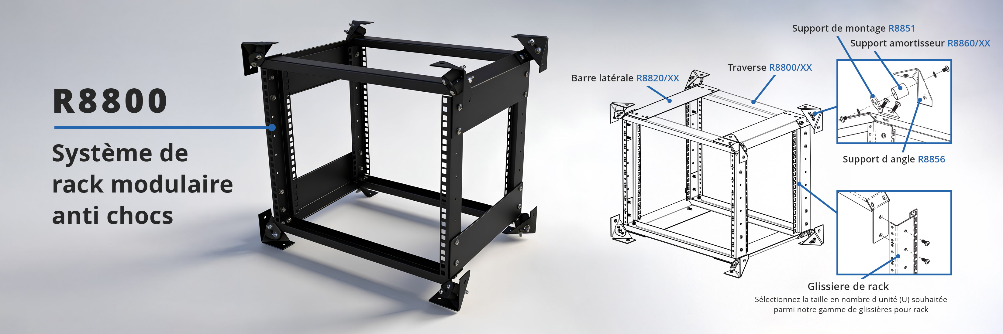 Rack R8800 avec schéma technique et composants sur fond gris