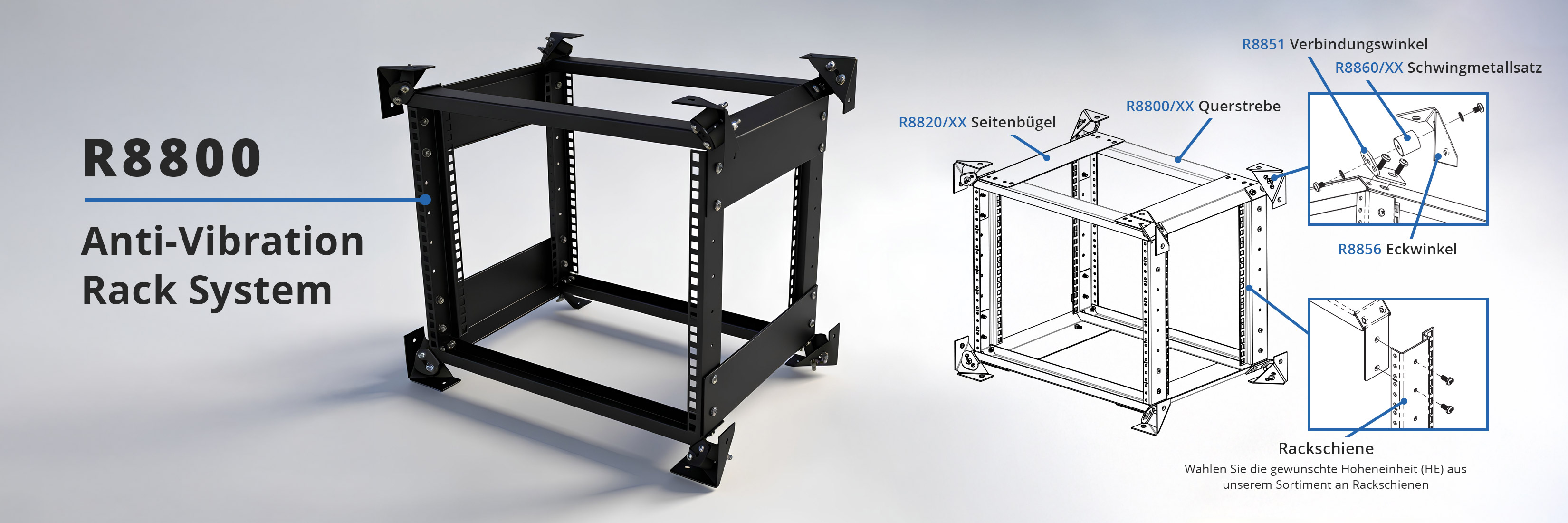 R8800-Rack mit technischer Zeichnung und Komponenten auf grauem Hintergrund