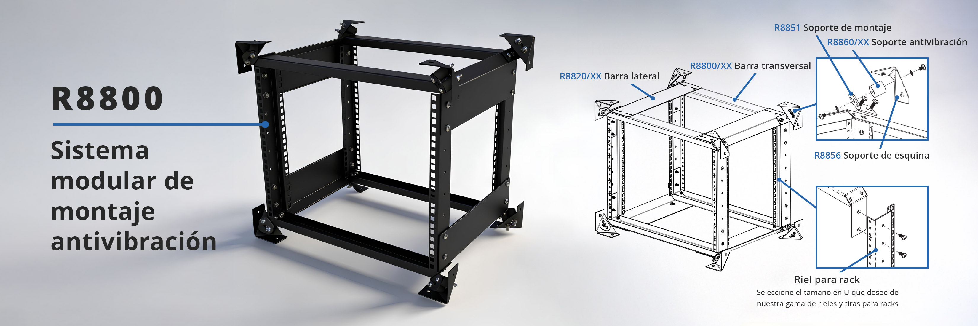 Bastidor R8800 con dibujo técnico y componentes sobre fondo gris