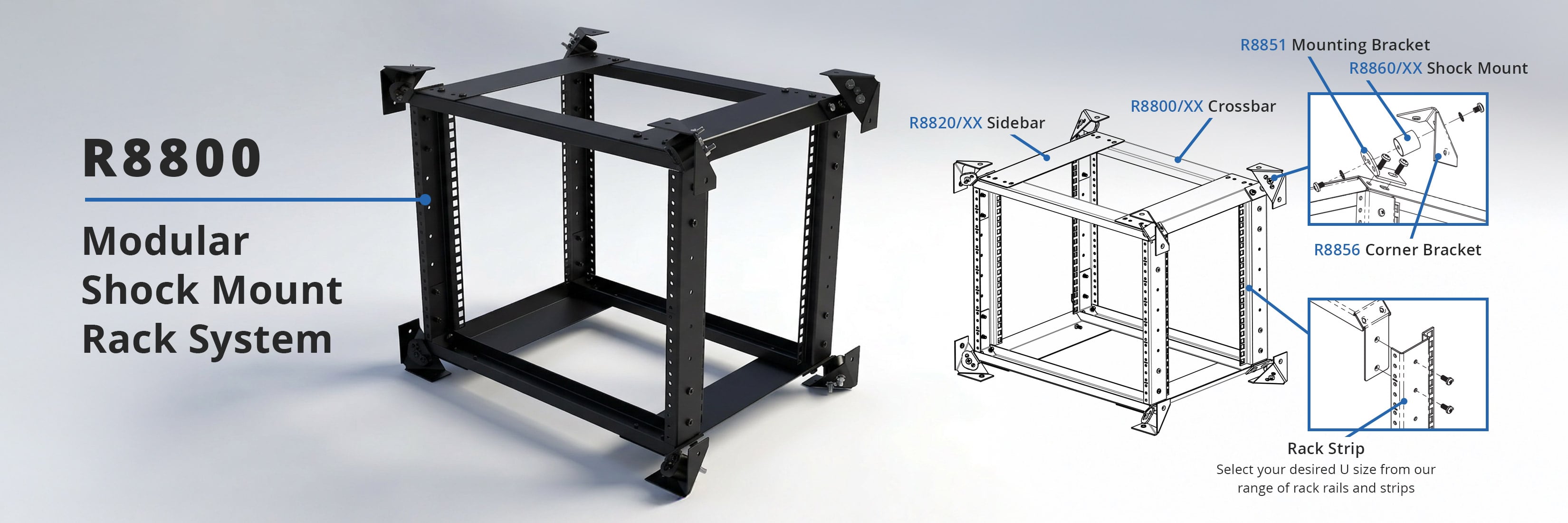 R8800 rack with technical drawing and components on grey background
