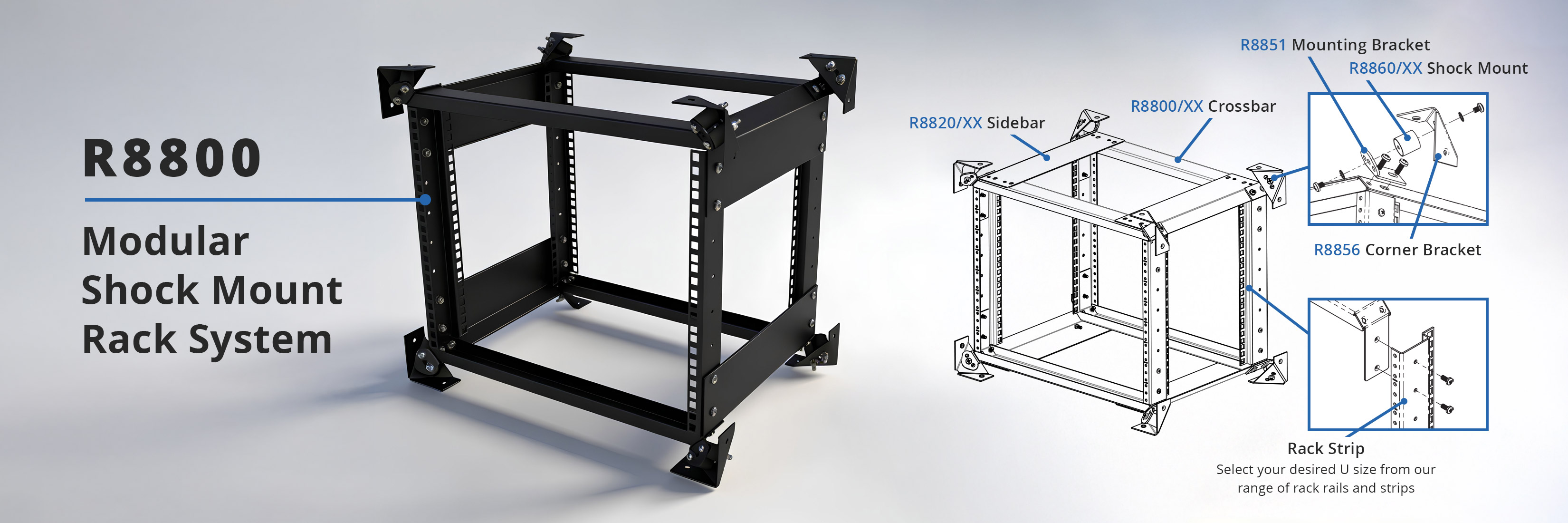 R8800 rack with technical drawing and components on grey background