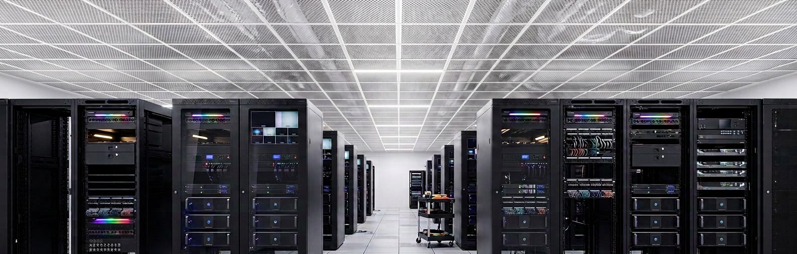 Large server room with black tall 19 inch racks and white perforated ceiling tiles