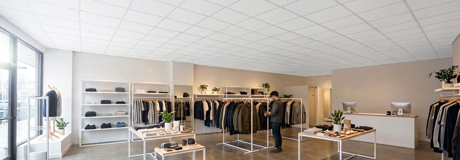 Retail shop with white ceiling tiles as man browses through clothing options