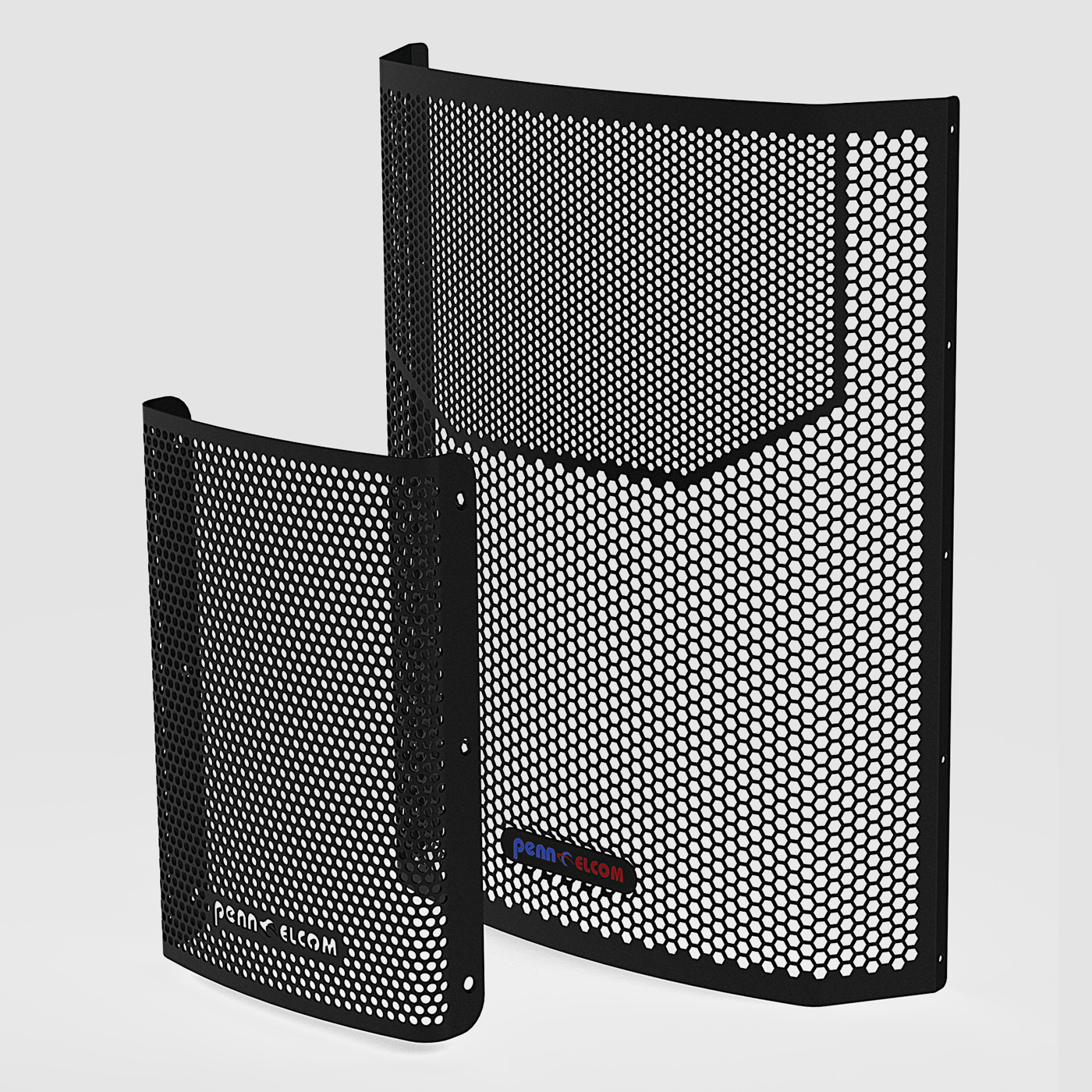 2 black speaker grilles in different sizes with Penn Elcom logo on grey background 