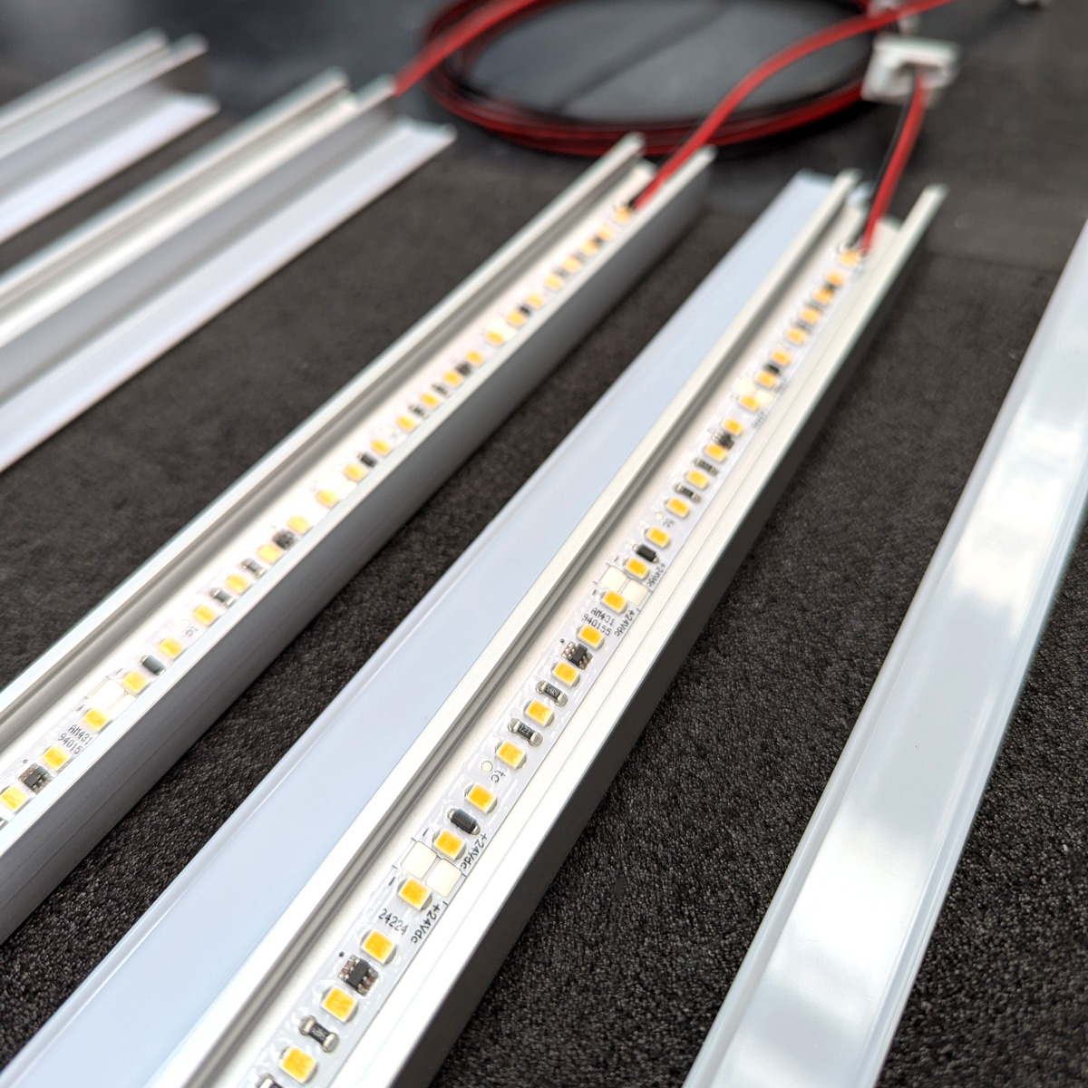 Close up of led strip installed into aluminium extrusion for installation 