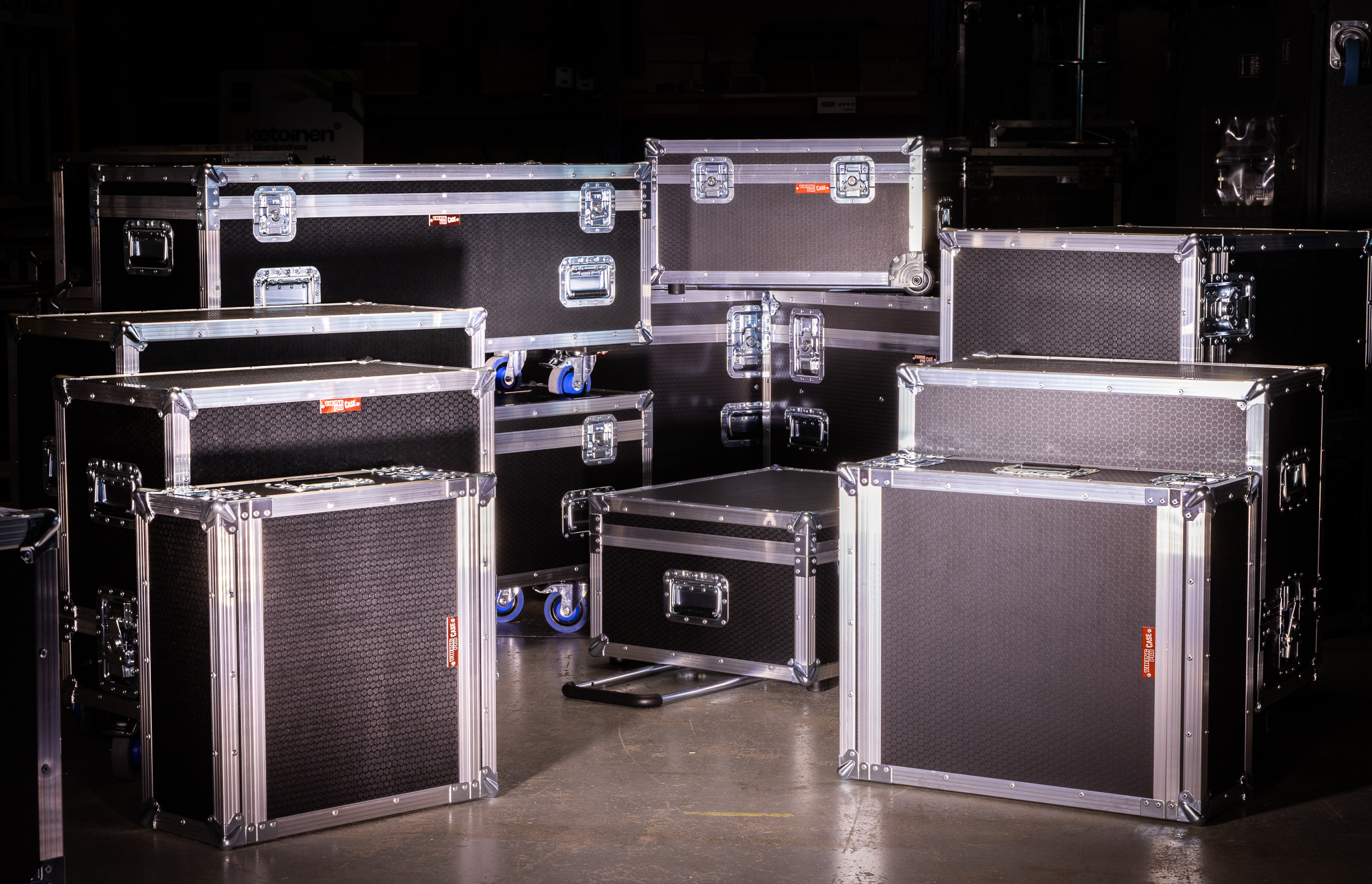 A large collection of flight cases