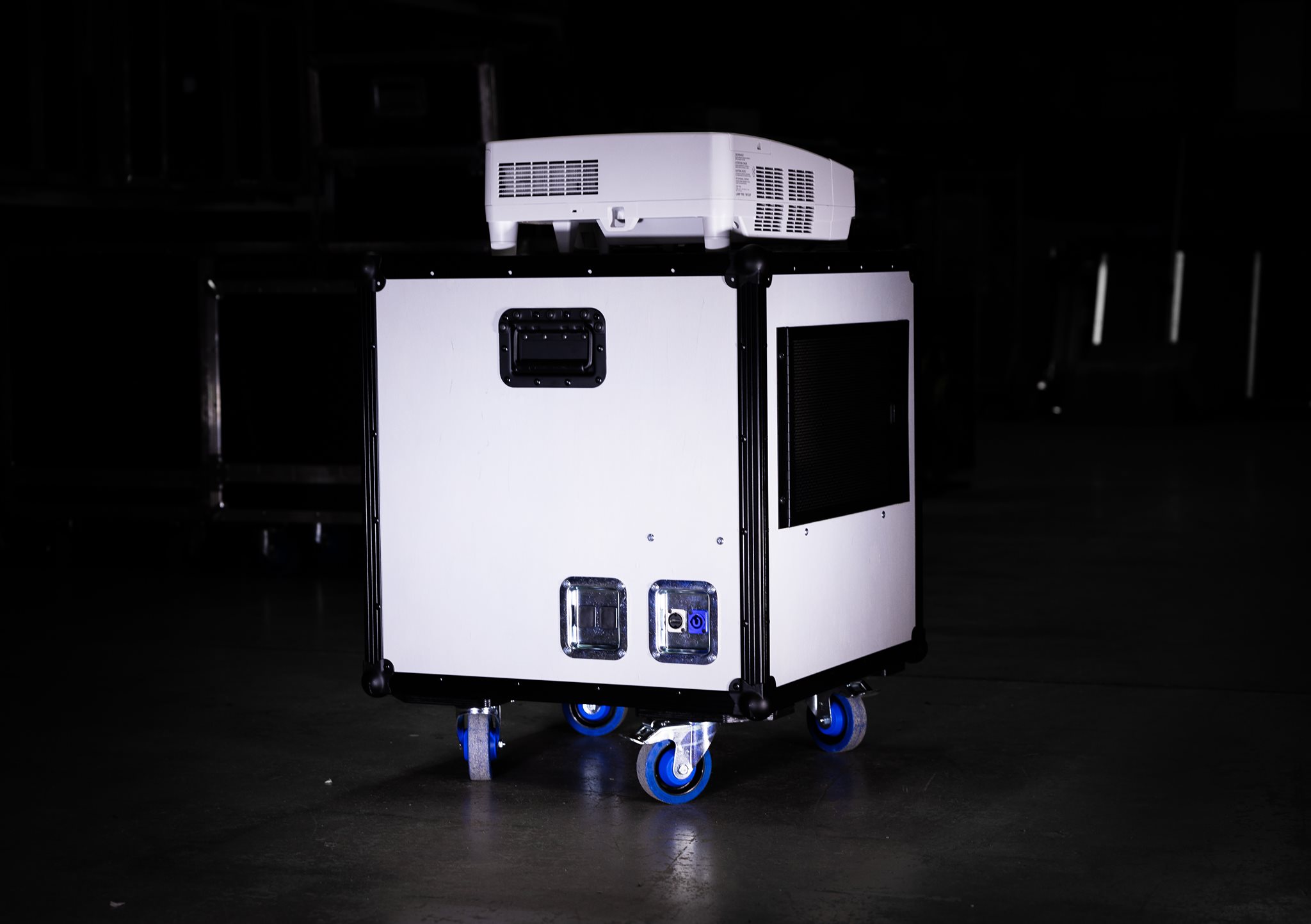 Beautiful pure white concept flight case with projector on top