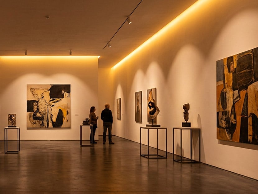 Art gallery with warm LED lighting generated using AI