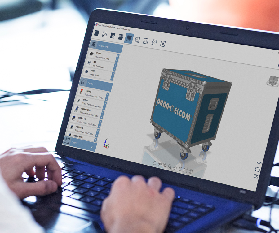 Pantalla de Case Designer en una computadora portátil con funda azul